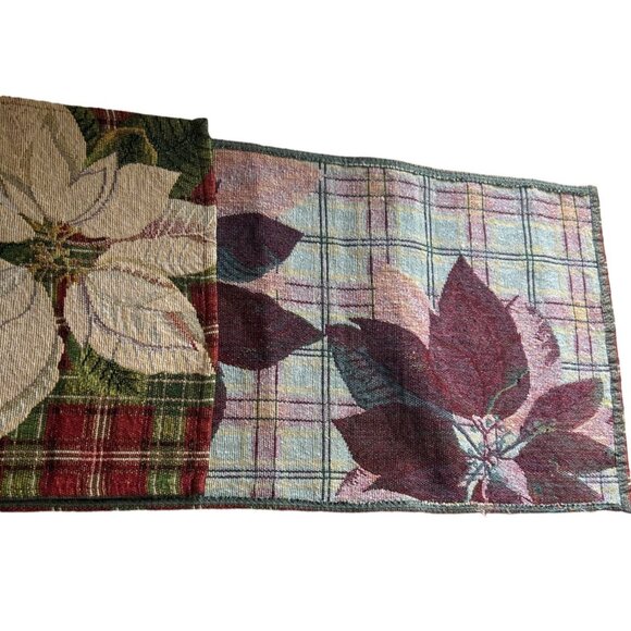 Holiday Poinsettia Tapestry Table Runner With Red & Green Plaid Design 67” Long - Picture 5 of 5